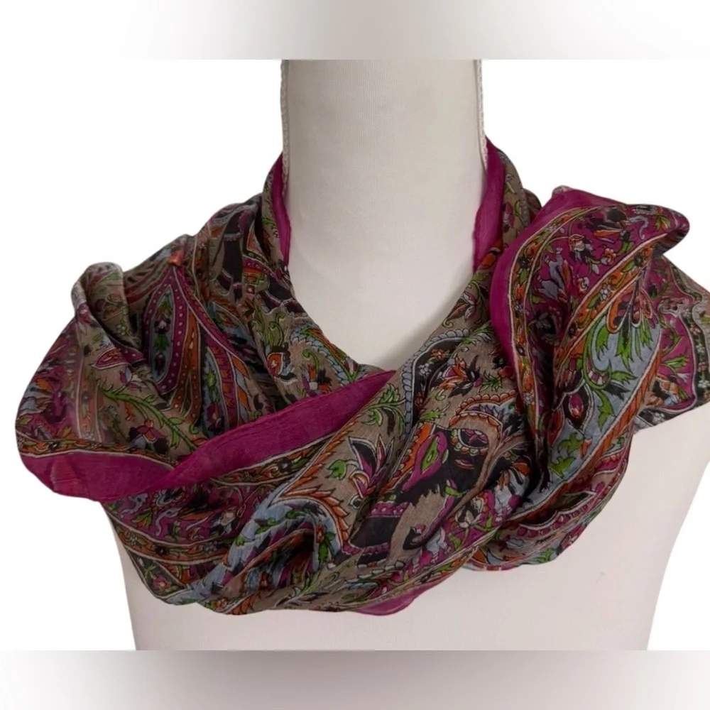 PASHTUSH 100% PURE SILK SCARF PAISLEY & ELEPHANT PRINT MULTICOLOR FUCCIA